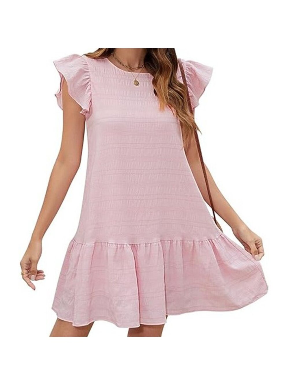 Women's Summer Dress Ruffle Cap Sleeve Mini Dress Tie Back Pink XL